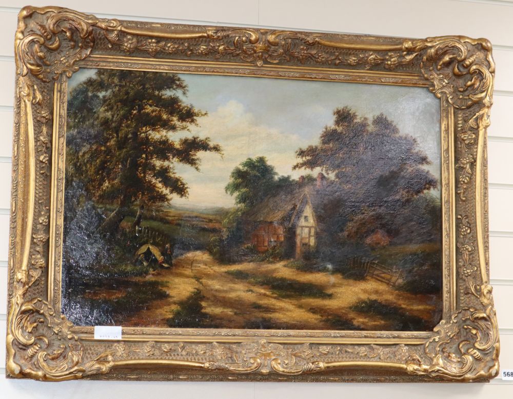 Late 19th century English School, oil on canvas, Thatched cottage in a landscape, 50 x 75cm
